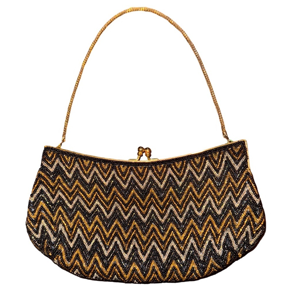 Vintage Beaded Elegant Black and Gold Chevron Clutch